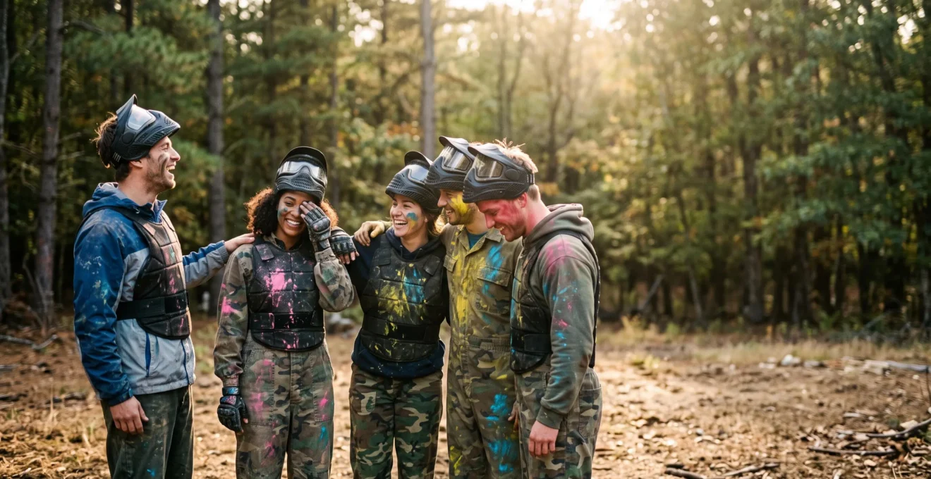 Groupe d'amis riant ensemble en tenue de paintball à la fin d'une partie conviviale