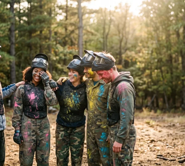 Groupe d'amis riant ensemble en tenue de paintball à la fin d'une partie conviviale