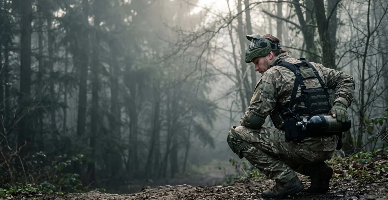 Joueur de paintball inspectant avec attention sa bouteille d'air comprimé avant une partie, symbole de vigilance et de sécurité