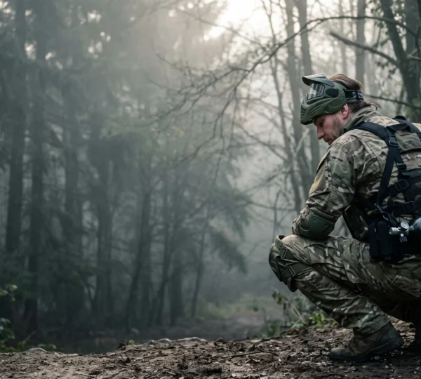 Joueur de paintball inspectant avec attention sa bouteille d'air comprimé avant une partie, symbole de vigilance et de sécurité