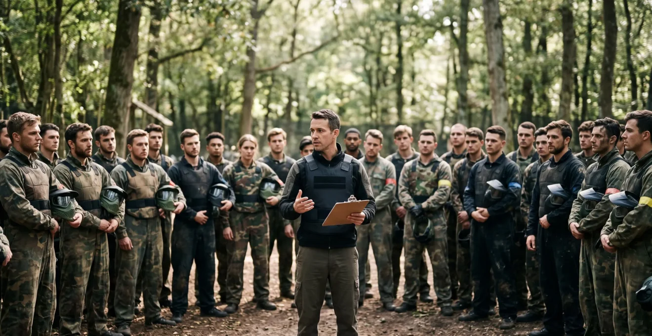 Animateur donnant un briefing de securite a un grand groupe de joueurs de paintball equipes avant le debut d'une partie