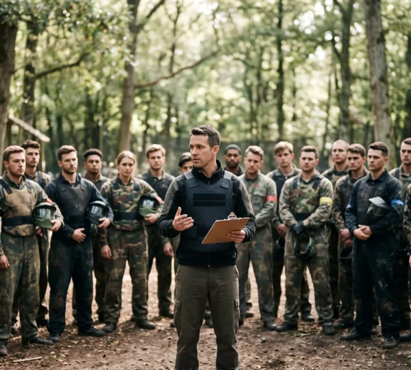 Animateur donnant un briefing de securite a un grand groupe de joueurs de paintball equipes avant le debut d'une partie