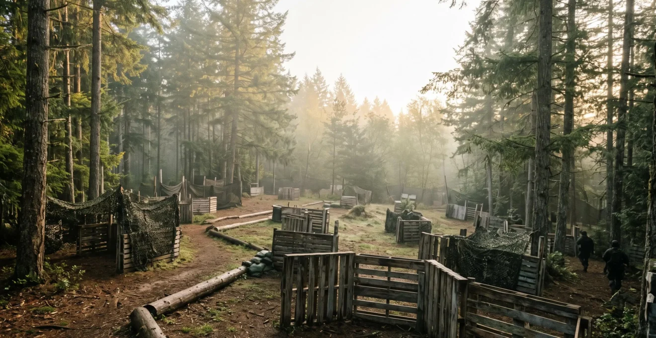 Vue large d'une clairière forestière aménagée pour l'airsoft avec structures tactiques en arrière-plan