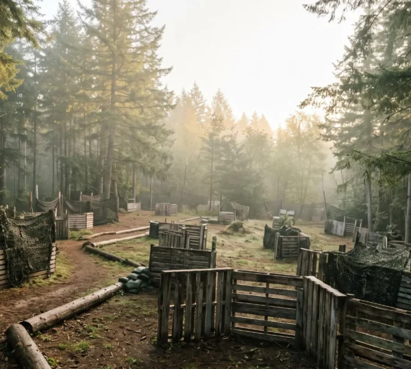 Vue large d'une clairière forestière aménagée pour l'airsoft avec structures tactiques en arrière-plan
