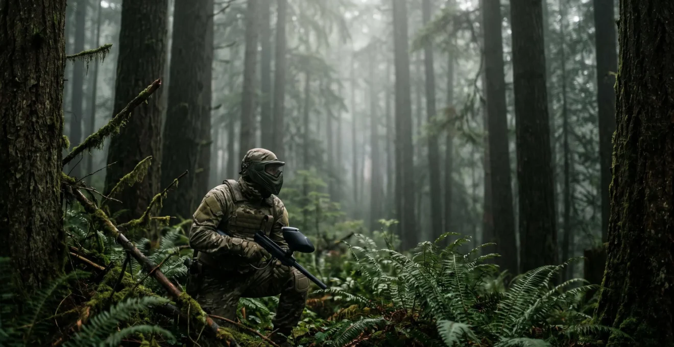 Joueur de woodsball accroupi dans la pénombre d'une forêt dense, parfaitement fondu dans le décor végétal