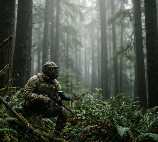Joueur de woodsball accroupi dans la pénombre d'une forêt dense, parfaitement fondu dans le décor végétal