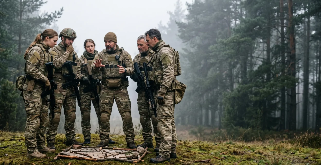 Équipe d'airsofteurs réunie en cercle pour un briefing tactique avant une partie en forêt