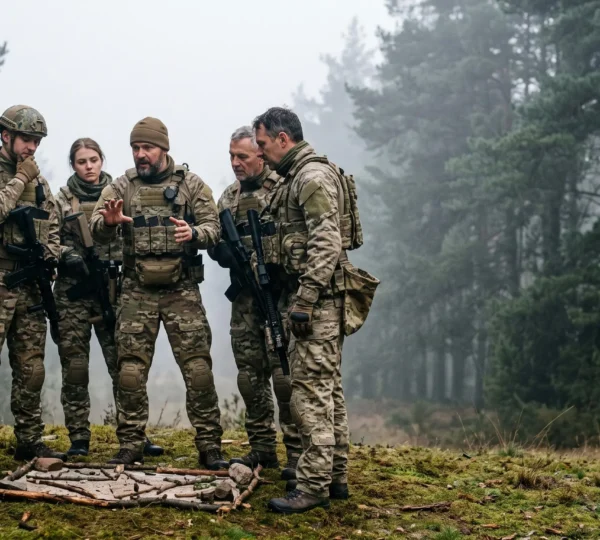 Équipe d'airsofteurs réunie en cercle pour un briefing tactique avant une partie en forêt