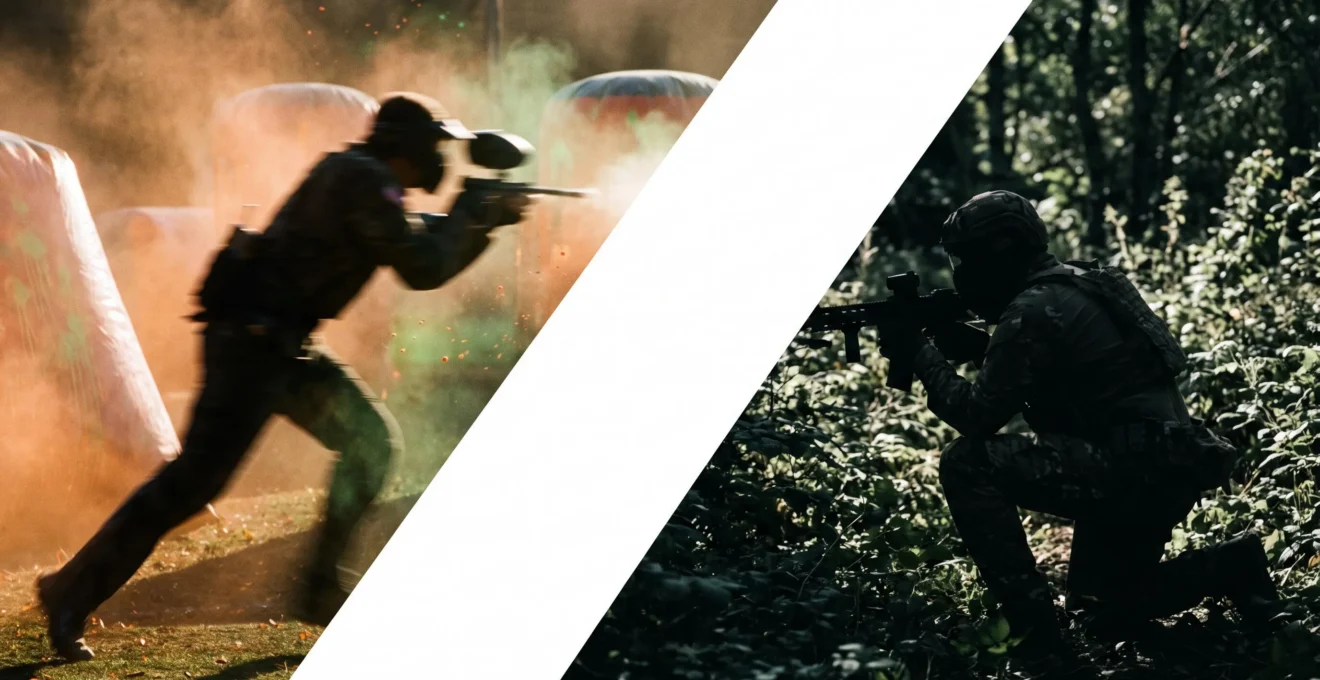 Composition éditoriale symbolisant le choix entre paintball et airsoft, avec deux univers visuels opposés se rencontrant au centre