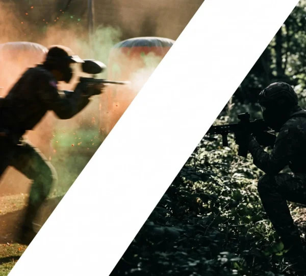 Composition éditoriale symbolisant le choix entre paintball et airsoft, avec deux univers visuels opposés se rencontrant au centre