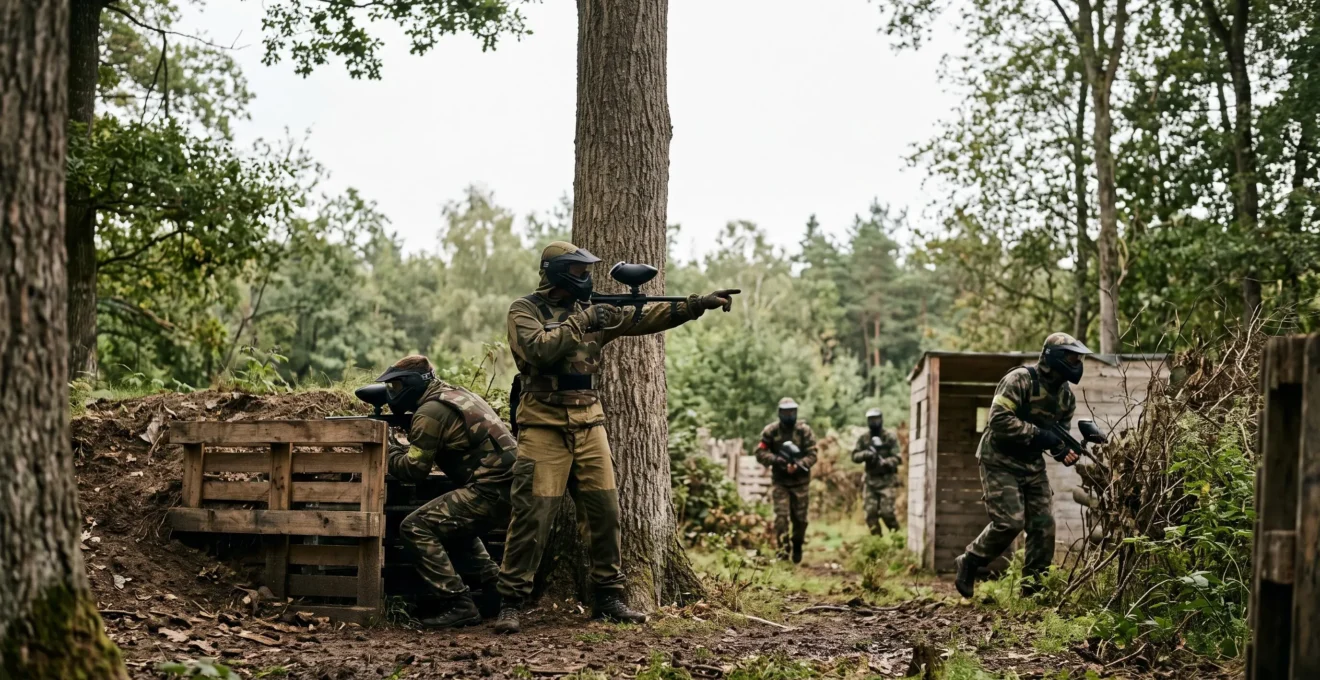 Groupe de joueurs de paintball équipés répartis stratégiquement sur un terrain boisé, illustrant le choix d'un format de jeu adapté