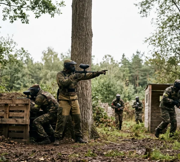 Groupe de joueurs de paintball équipés répartis stratégiquement sur un terrain boisé, illustrant le choix d'un format de jeu adapté