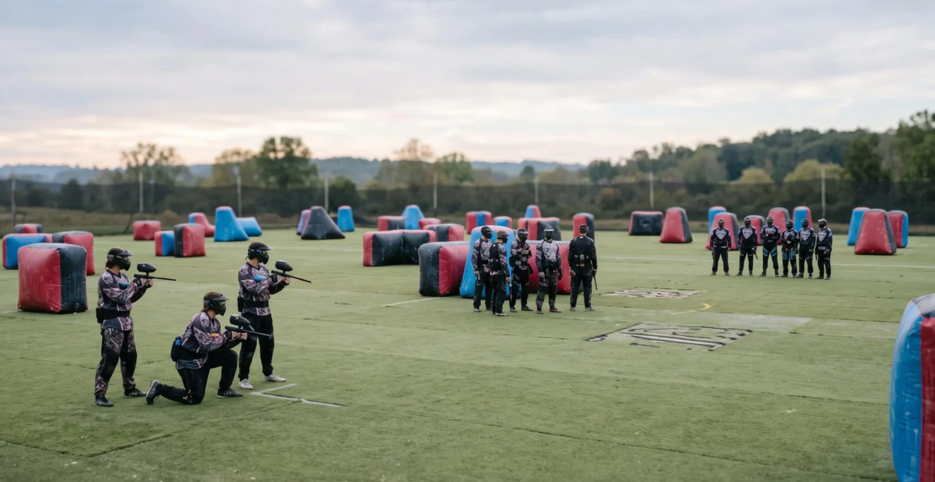 Deux capitaines d'equipe de paintball face a face sur un terrain exterieur, symbolisant le choix entre les formats 3v3, 5v5 et 7v7