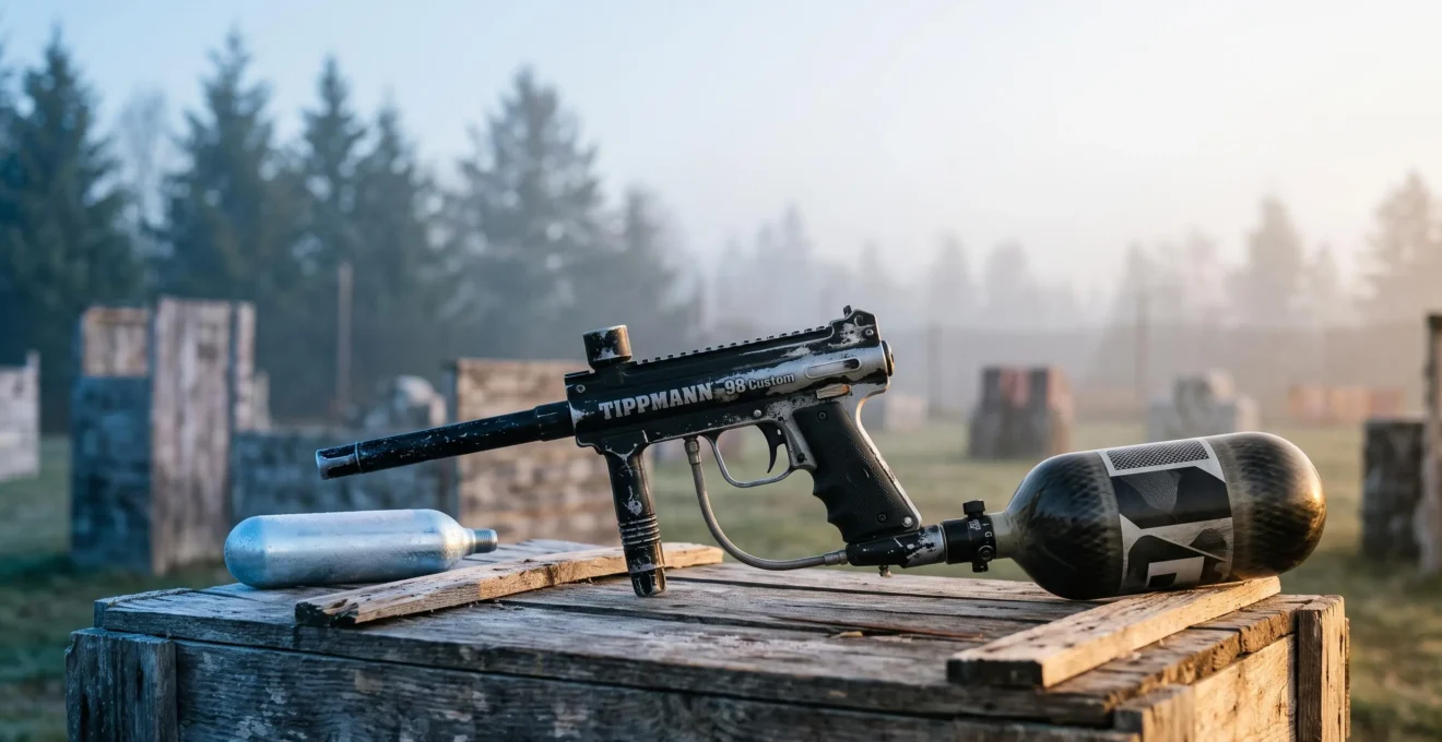 Bouteille d'air comprimé et cartouche de CO2 posées côte à côte sur un terrain de paintball au petit matin, symbolisant le choix économique entre les deux gaz propulseurs.