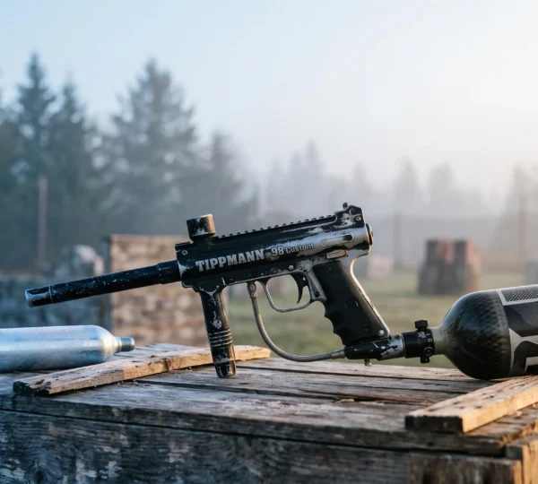 Bouteille d'air comprimé et cartouche de CO2 posées côte à côte sur un terrain de paintball au petit matin, symbolisant le choix économique entre les deux gaz propulseurs.