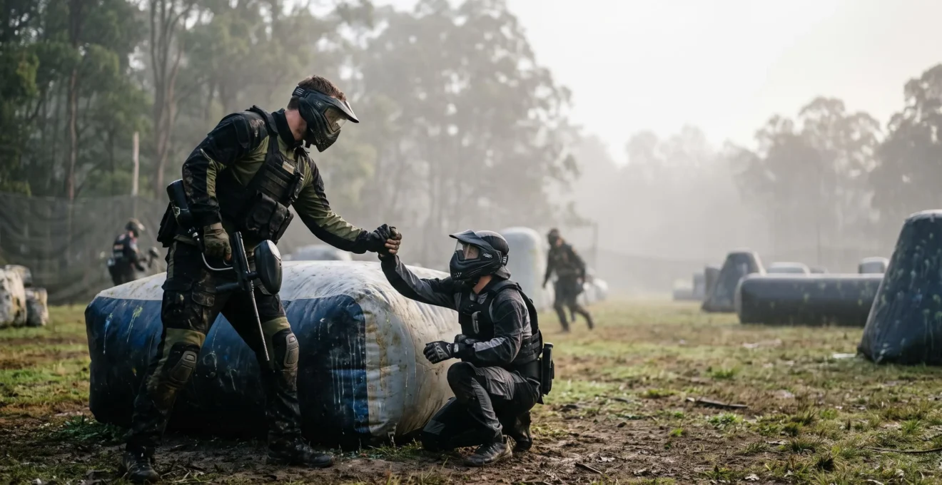 Deux equipiers de paintball sur un terrain brumeux, l'un aidant l'autre a se relever derriere un bunker, symbole de cohesion de groupe