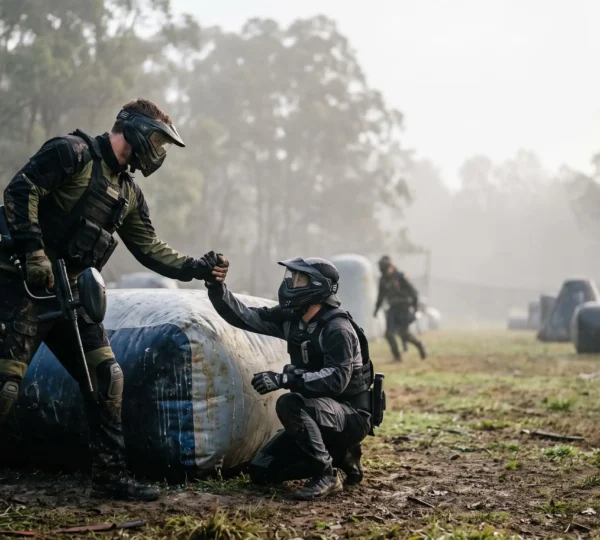 Deux equipiers de paintball sur un terrain brumeux, l'un aidant l'autre a se relever derriere un bunker, symbole de cohesion de groupe