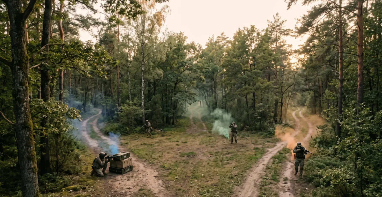 Terrain boisé vu du dessus avec plusieurs chemins tactiques divergents symbolisant la diversité des scénarios de jeu en paintball et airsoft