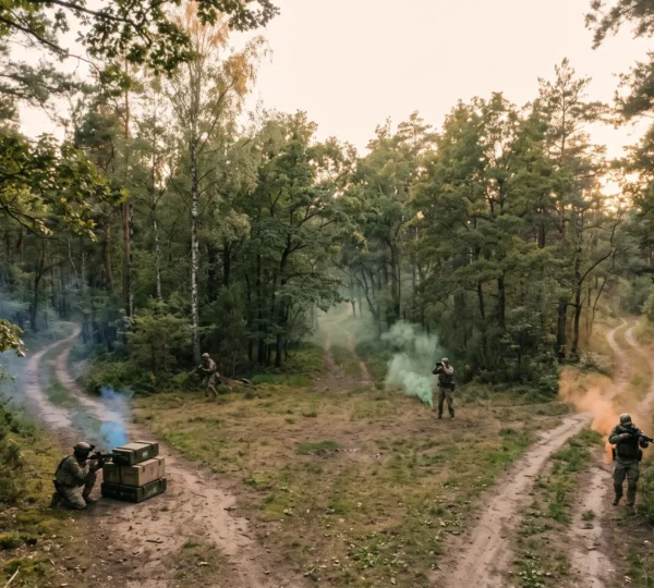 Terrain boisé vu du dessus avec plusieurs chemins tactiques divergents symbolisant la diversité des scénarios de jeu en paintball et airsoft