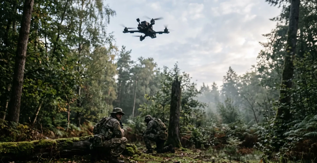 Drone FPV survolant un terrain boise d'airsoft avec des joueurs en position tactique au sol