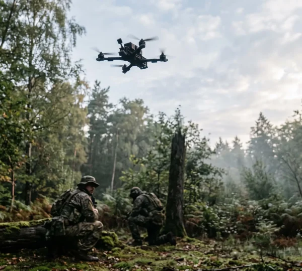 Drone FPV survolant un terrain boise d'airsoft avec des joueurs en position tactique au sol