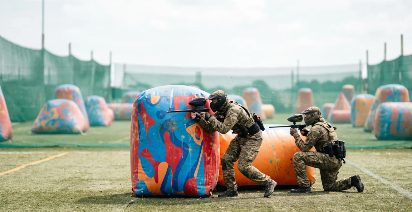 Duel tactique intense entre deux joueurs de speedball accroupis derrière des bunkers gonflables sur un terrain symétrique