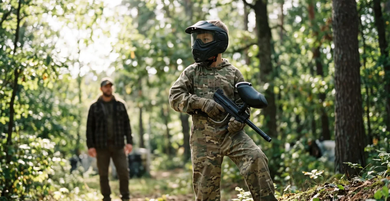 Un enfant tenant un lanceur de paintball léger et adapté, équipé d'un masque de protection, dans une clairière en pleine nature