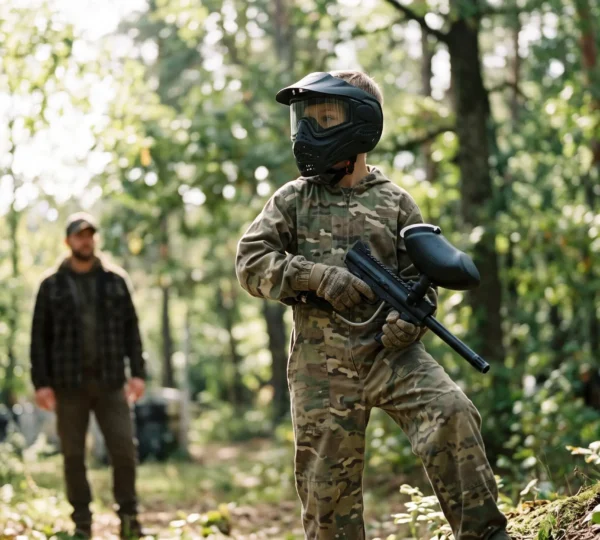 Un enfant tenant un lanceur de paintball léger et adapté, équipé d'un masque de protection, dans une clairière en pleine nature