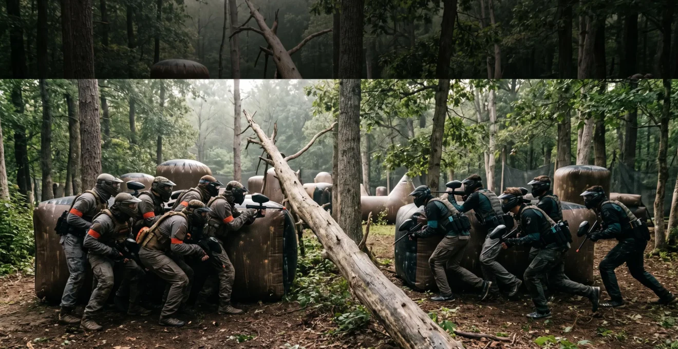 Deux groupes de joueurs de paintball positionnés en miroir de part et d'autre d'un terrain boisé, symbolisant l'équilibre fragile entre attaque et défense