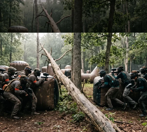 Deux groupes de joueurs de paintball positionnés en miroir de part et d'autre d'un terrain boisé, symbolisant l'équilibre fragile entre attaque et défense