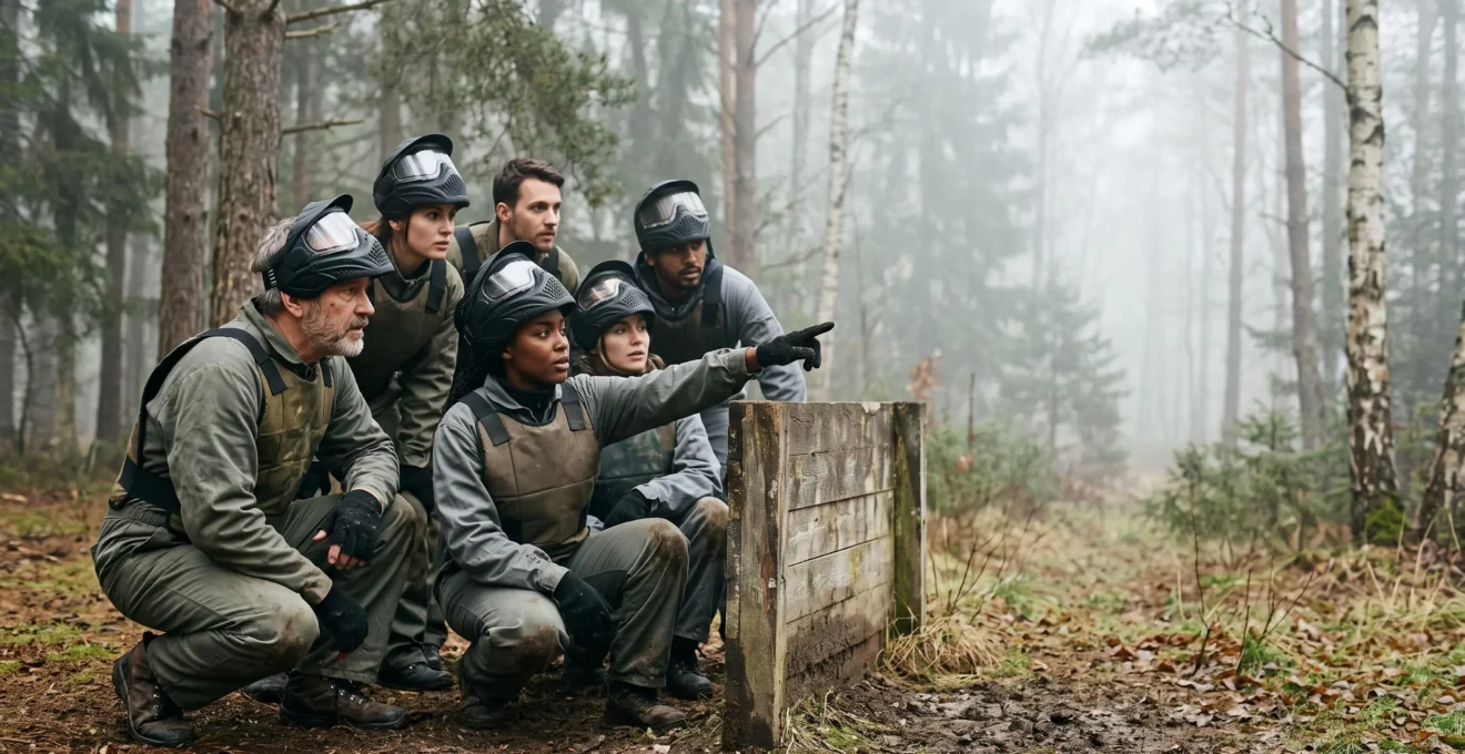 Équipe de collaborateurs en tenue de protection de paintball accroupis ensemble derrière un obstacle, échangeant un regard de complicité stratégique en forêt