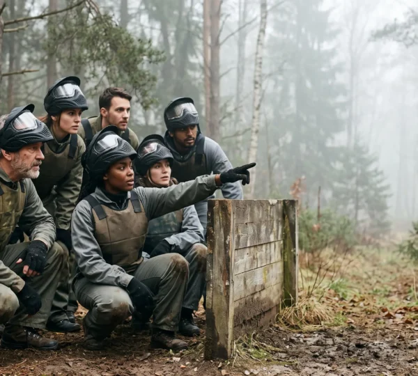 Équipe de collaborateurs en tenue de protection de paintball accroupis ensemble derrière un obstacle, échangeant un regard de complicité stratégique en forêt