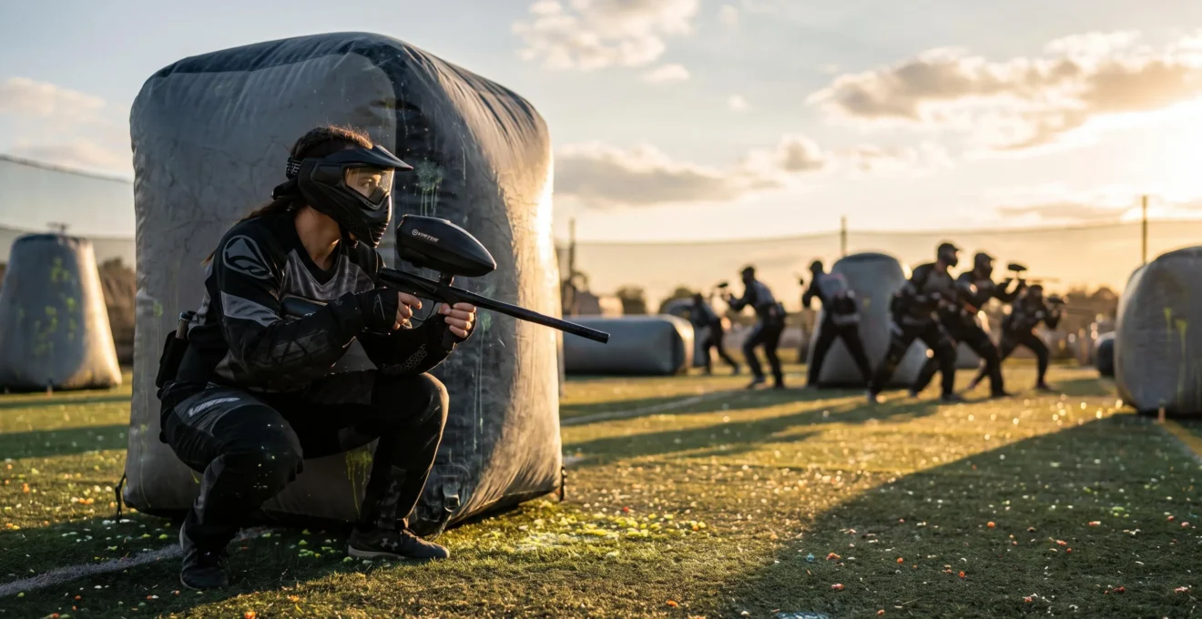 Joueur de paintball de division 1 accroupi derrière un obstacle gonflable sur un terrain de compétition, en pleine concentration tactique