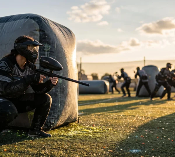 Joueur de paintball de division 1 accroupi derrière un obstacle gonflable sur un terrain de compétition, en pleine concentration tactique