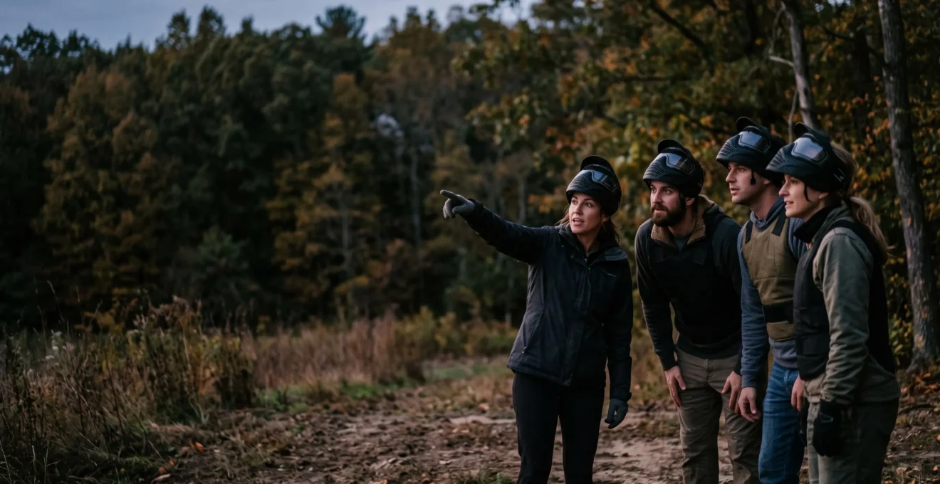 Groupe de collègues en tenue de paintball observant le terrain ensemble, symbolisant l'émergence d'un leader naturel au sein d'une équipe