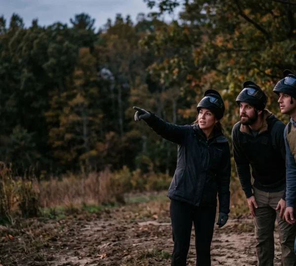 Groupe de collègues en tenue de paintball observant le terrain ensemble, symbolisant l'émergence d'un leader naturel au sein d'une équipe