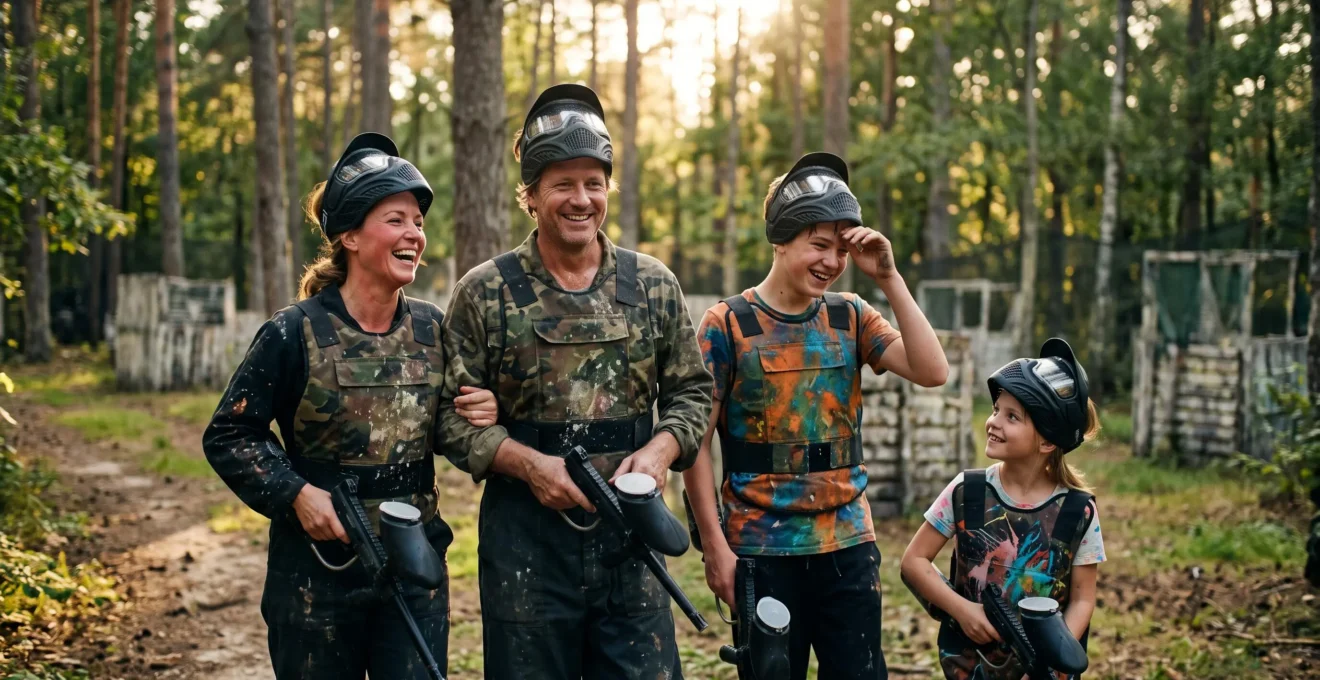 Famille souriante et complice après une partie de paintball en forêt, combinaisons éclaboussées de peinture colorée