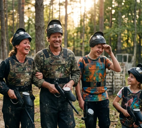 Famille souriante et complice après une partie de paintball en forêt, combinaisons éclaboussées de peinture colorée