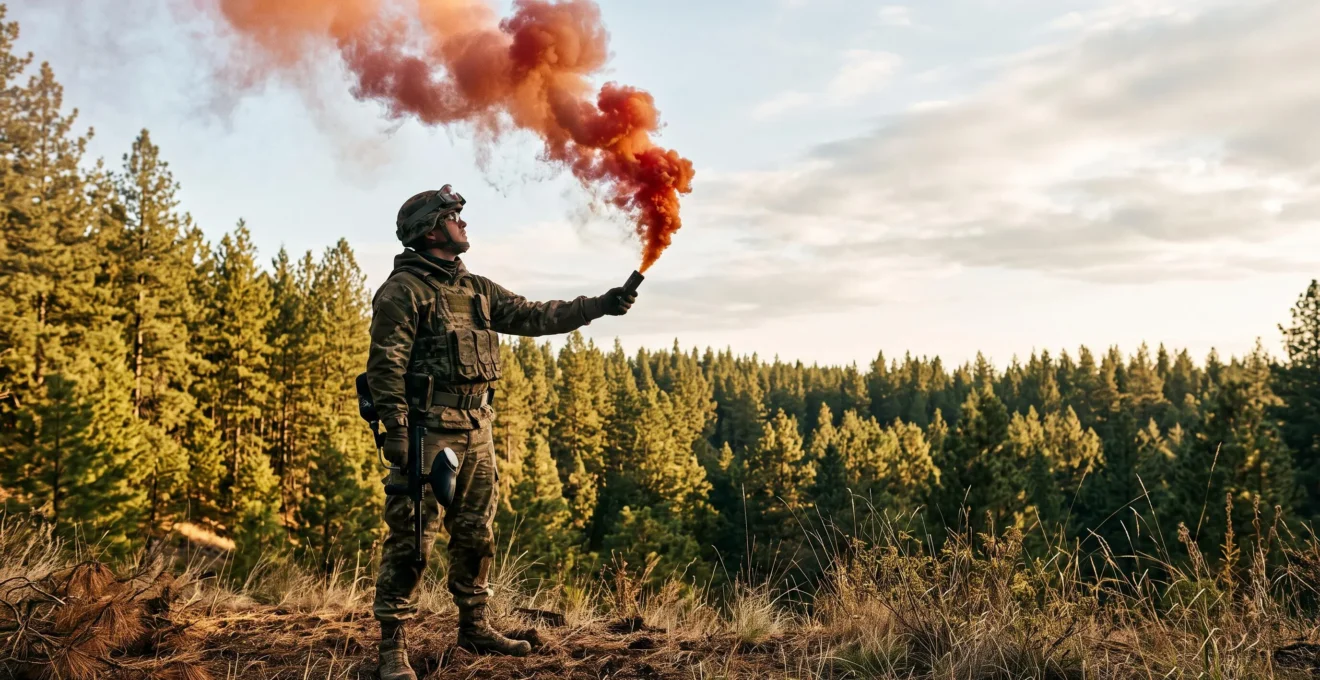 Joueur de paintball tenant un fumigène coloré à bout de bras en lisière de forêt, fumée s'élevant vers le ciel loin de la végétation sèche