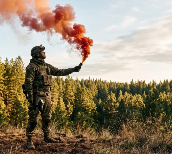 Joueur de paintball tenant un fumigène coloré à bout de bras en lisière de forêt, fumée s'élevant vers le ciel loin de la végétation sèche