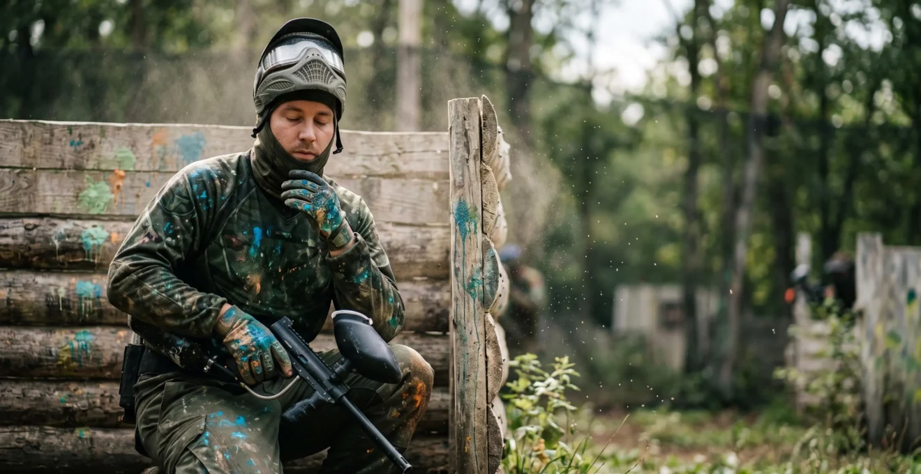 Joueur de paintball accroupi derrière un abri, respirant calmement pour maîtriser son stress en pleine partie