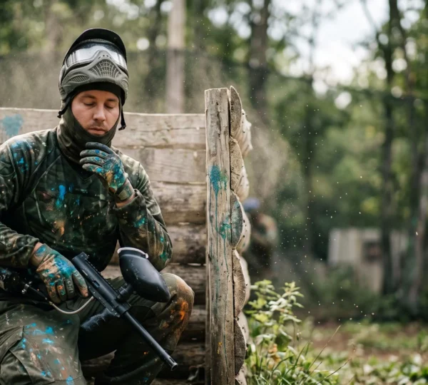 Joueur de paintball accroupi derrière un abri, respirant calmement pour maîtriser son stress en pleine partie