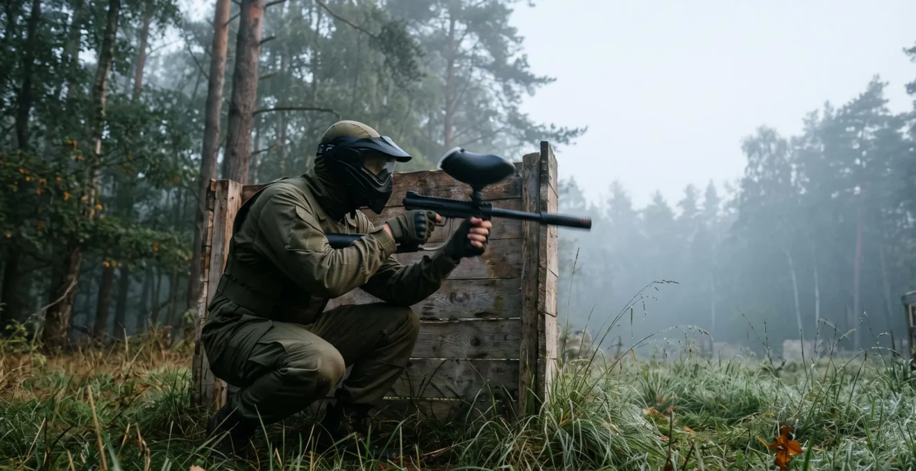 Joueur de paintball isolé en pleine action dans une clairière brumeuse au lever du jour, symbolisant la progression personnelle et la discipline d'entraînement