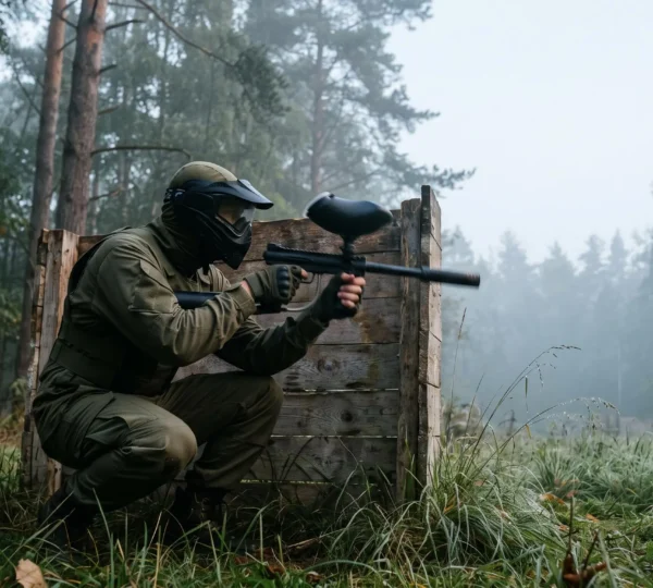 Joueur de paintball isolé en pleine action dans une clairière brumeuse au lever du jour, symbolisant la progression personnelle et la discipline d'entraînement