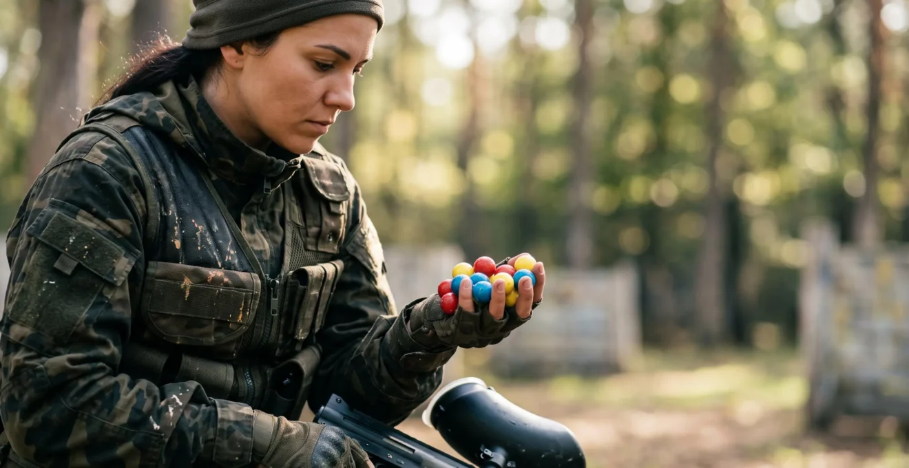 Joueur de paintball examinant attentivement une poignee de billes avant de charger son lanceur, dans une lumiere naturelle de fin de journee