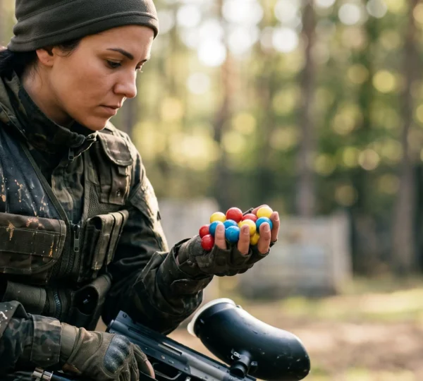 Joueur de paintball examinant attentivement une poignee de billes avant de charger son lanceur, dans une lumiere naturelle de fin de journee