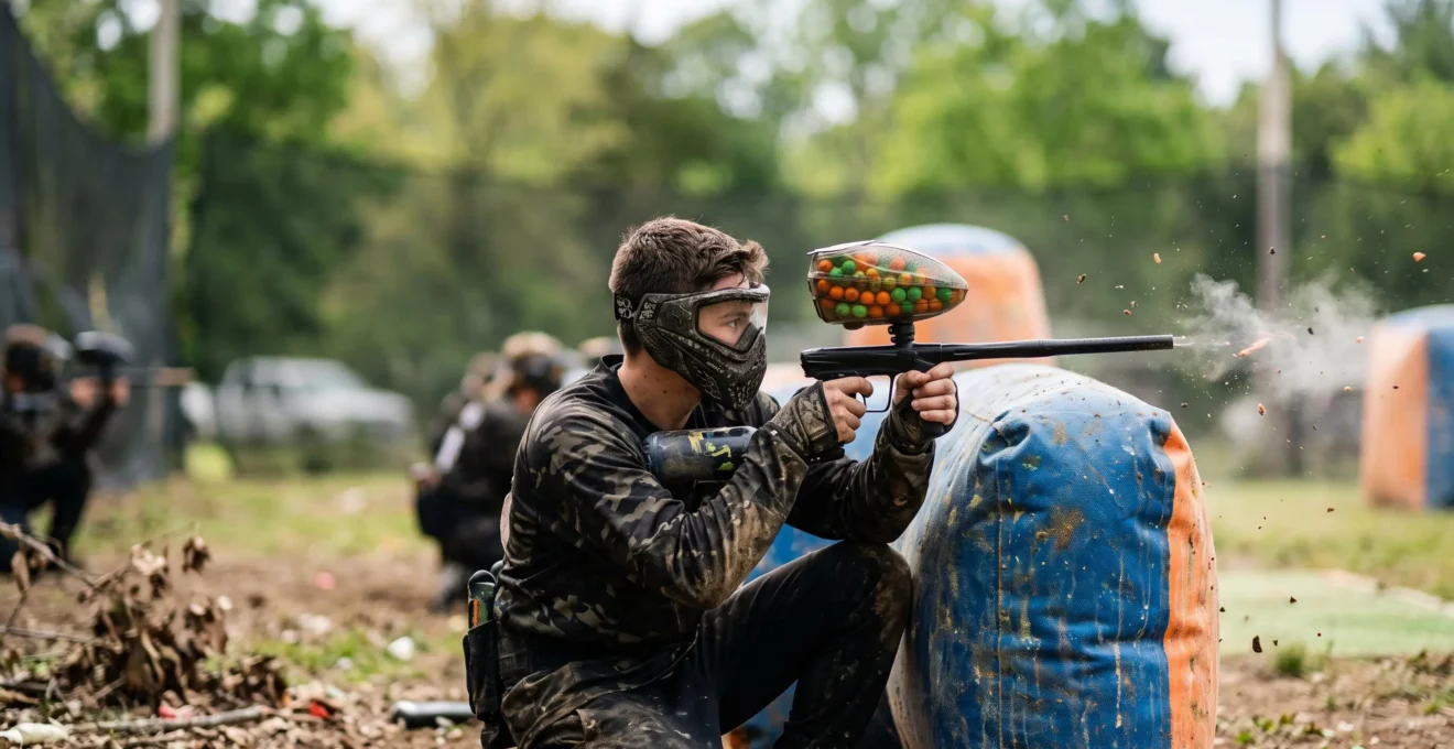 Joueur de paintball en action dont le loader alimente le marqueur en billes de peinture sans interruption sur un terrain extérieur