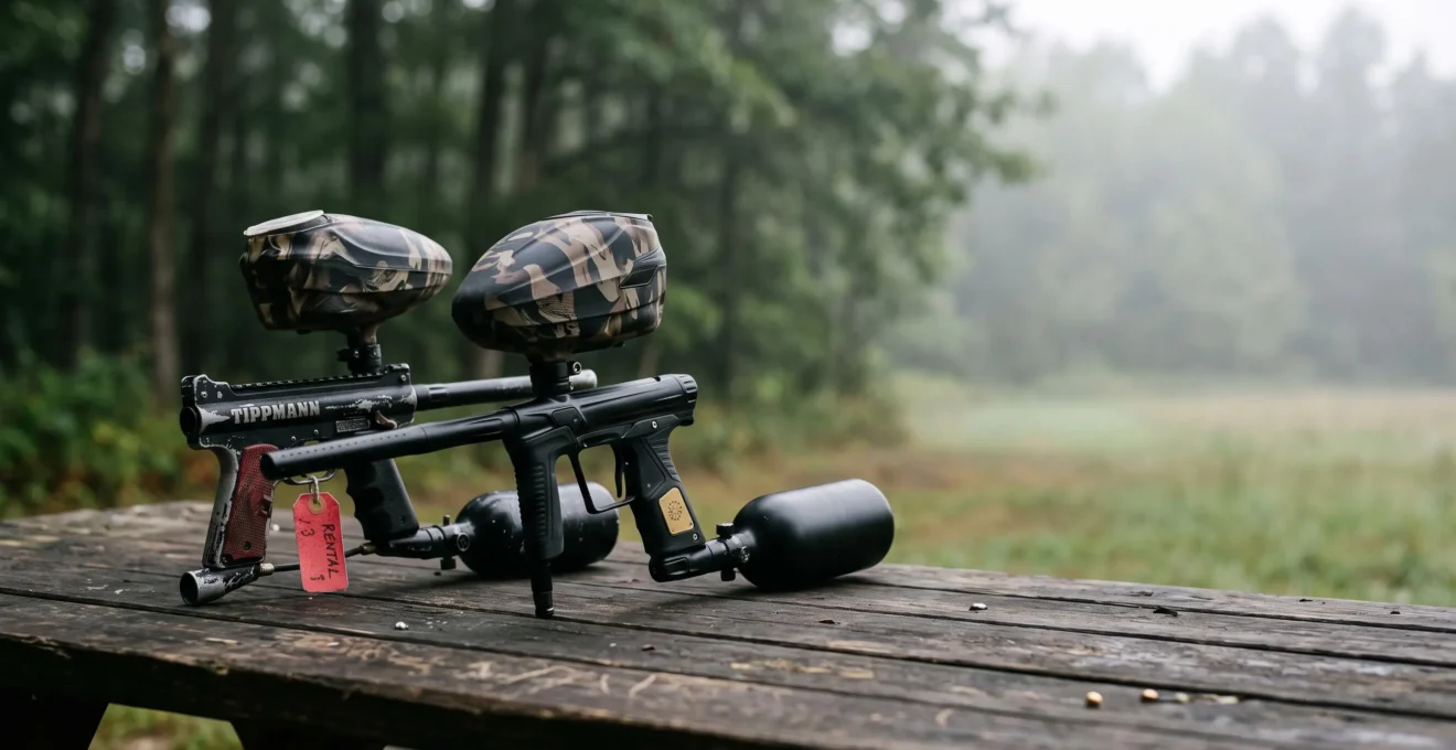 Deux marqueurs de paintball posés côte à côte sur une table en bois extérieure, symbolisant le choix entre location et achat