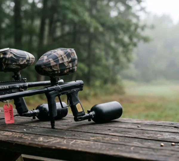 Deux marqueurs de paintball posés côte à côte sur une table en bois extérieure, symbolisant le choix entre location et achat