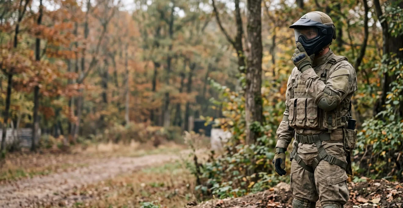 Joueur de paintball ajustant son masque sur un terrain extérieur, illustrant le problème de la buée sur l'écran de protection